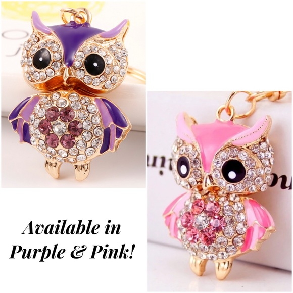 Hot Pink Crystal Owl on a Gold Keychain - Picture 12 of 12